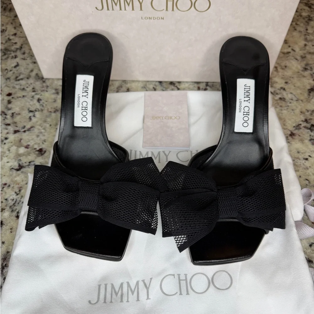 Jimmy Choo Black Mesh Bow Heels - Picture 1 of 8